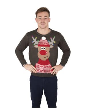 Festlicher Rentier-Weihnachtspullover für Erwachsene grau-rot-weiß