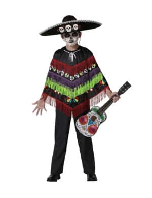 Mexikanisches Skelett-Kostüm Poncho für Kinder bunt