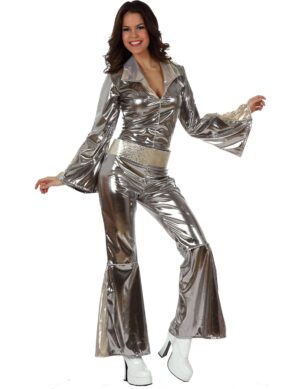 Sexy Disco-Jumpsuit Damenkostüm 70er Jahre-Kostüm für Damen Karneval silber