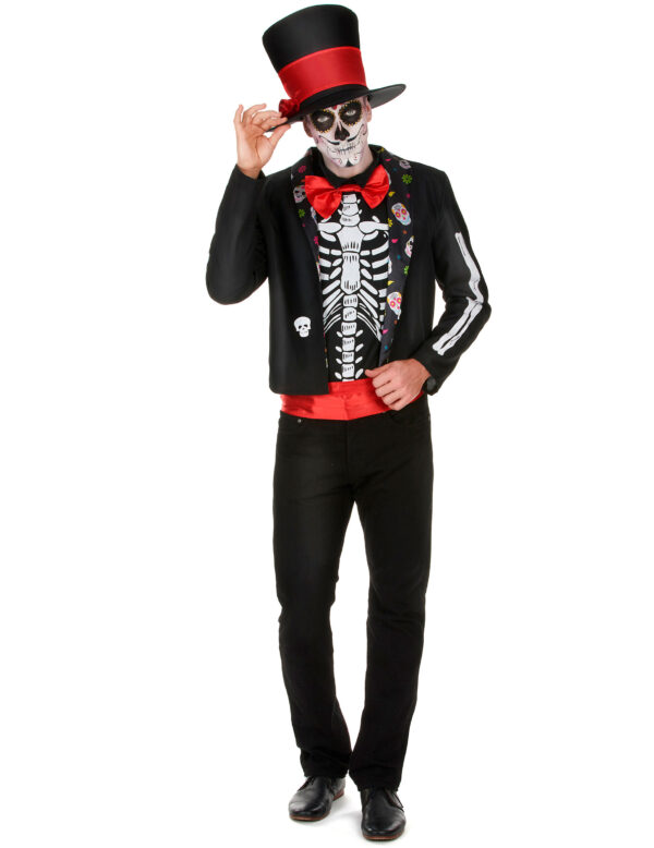 Skelett Herrenkostüm Dia de los Muertos rot-schwarz-weiss